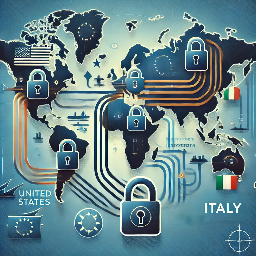 Una mappa stilizzata che mostra frecce commerciali