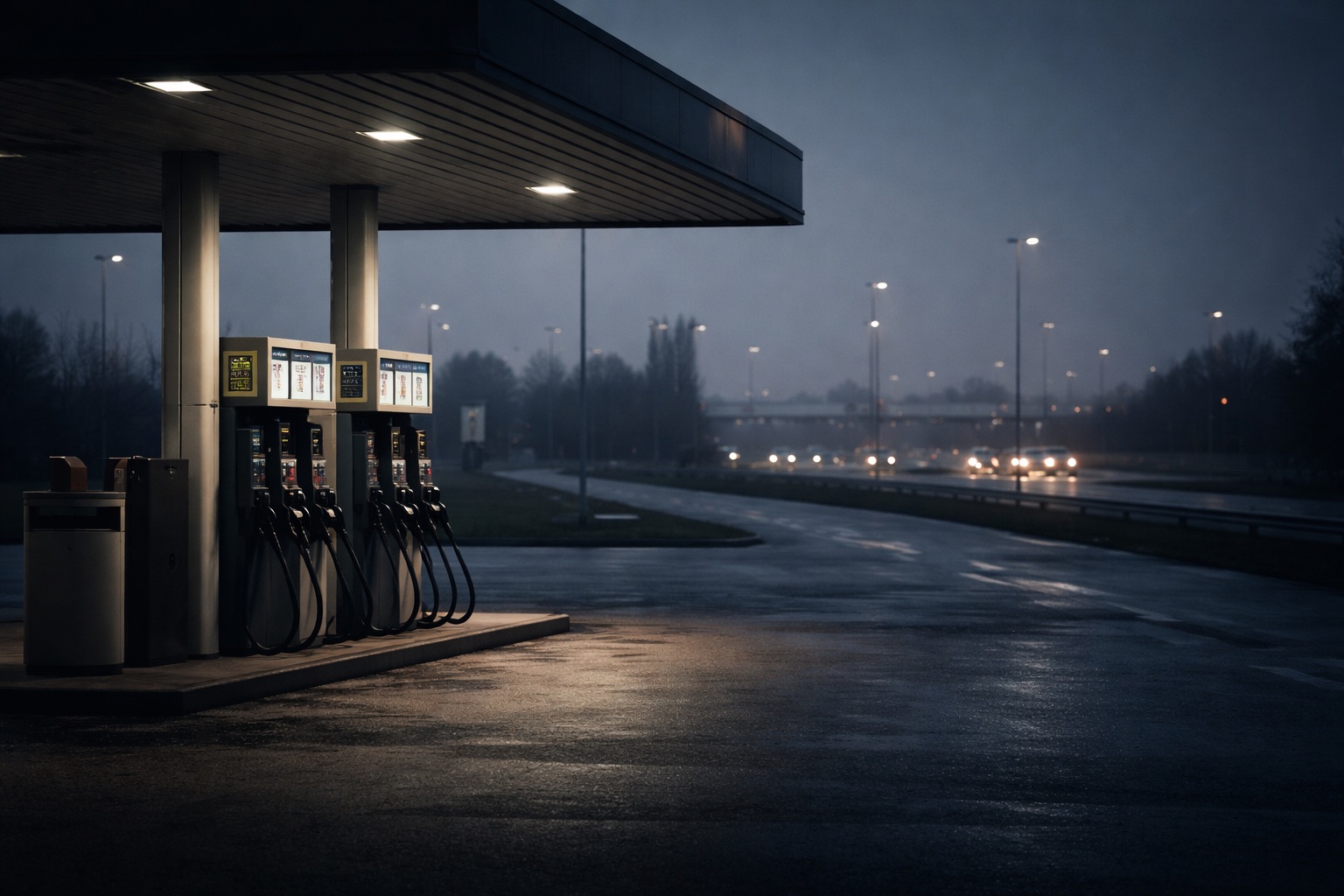 Una pompa di carburante isolata al crepuscolo