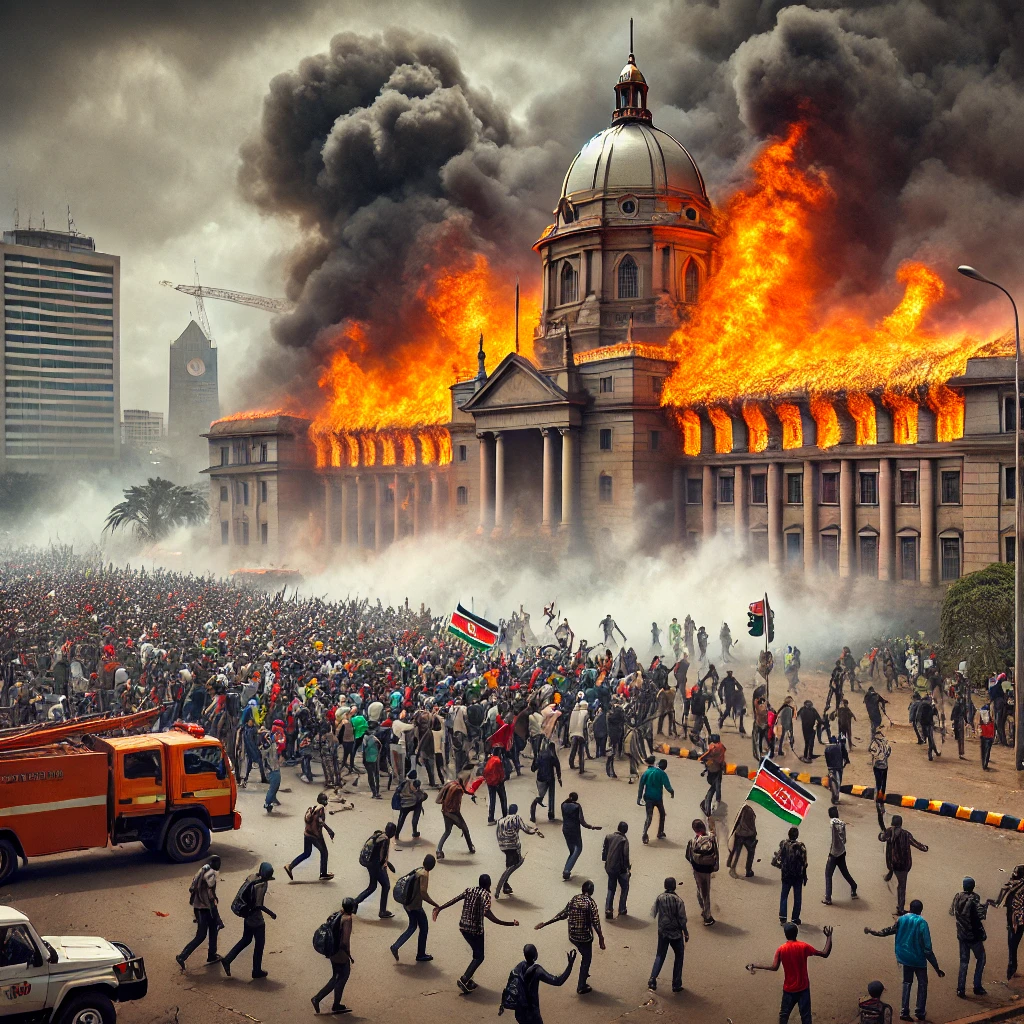 Manifestanti davanti al Parlamento in fiamme a Nairobi, rappresentando le violente proteste contro l'approvazione di nuove tasse in Kenya.