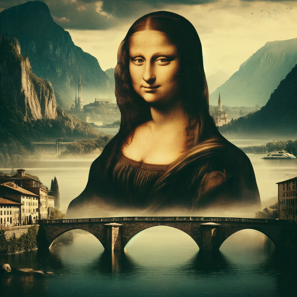 Gioconda di Leonardo da Vinci con il paesaggio di Lecco sullo sfondo