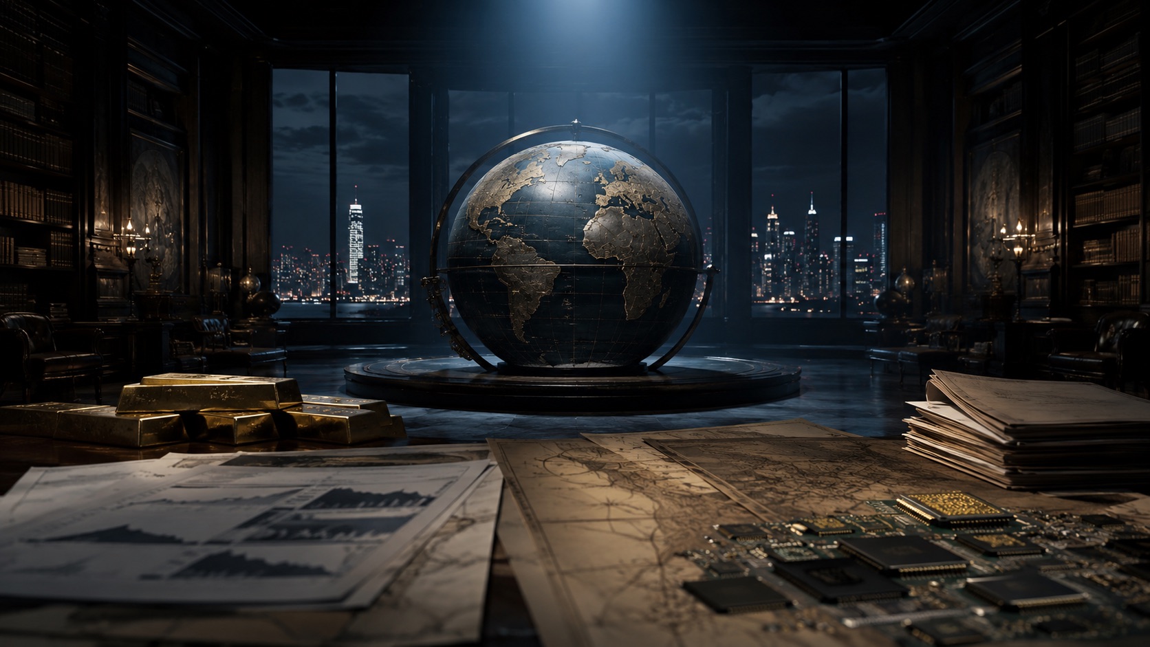 Una grande sala buia e silenziosa, simile a una vecchia biblioteca geopolitica, con un enorme mappamondo al centro illuminato da una luce fredda.