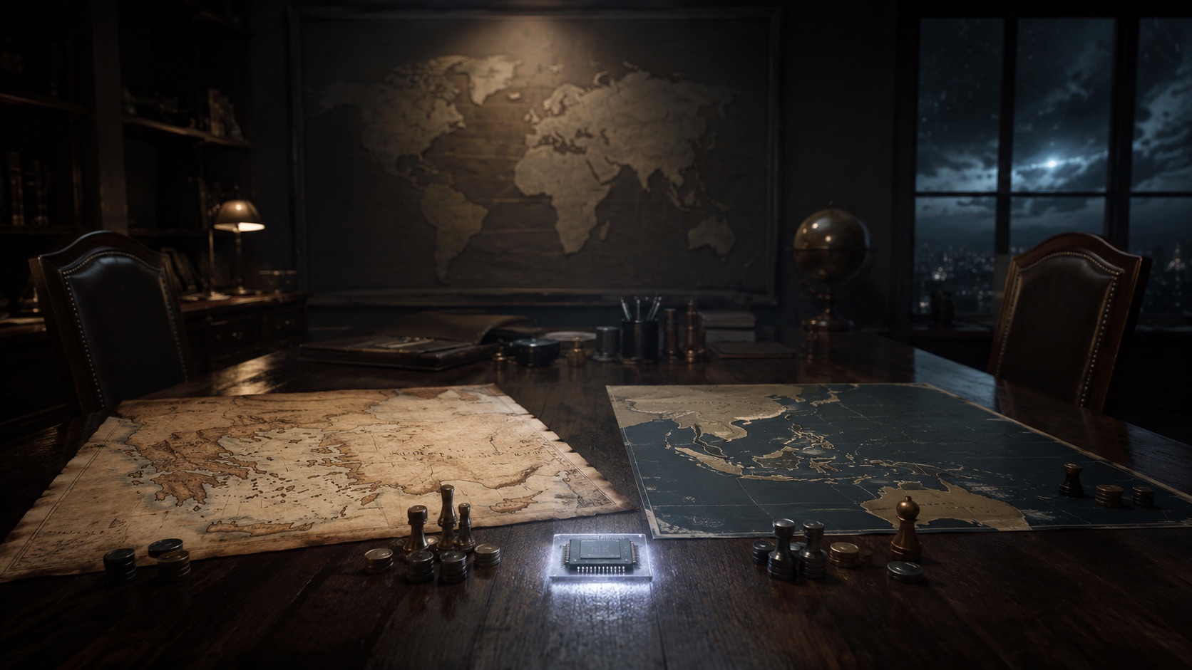 Una scena realistica e sobria in una grande sala buia di consultazione geopolitica