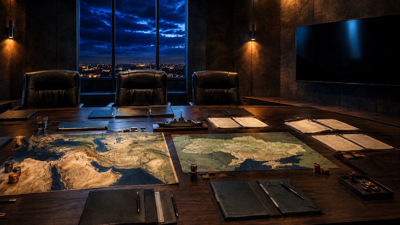 Un tavolo geopolitico nella notte: mappe, documenti e segni di potere raccontano guerre, crisi istituzionali e decisioni che pesano sul fragile equilibrio mondiale.