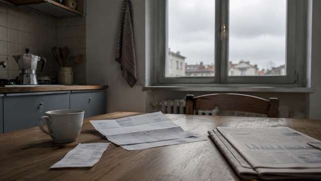 Una cucina italiana al mattino racconta il peso quotidiano dell’inflazione: bollette, scontrini e giornali economici su un tavolo di legno, in un’atmosfera sobria e realistica.