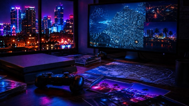 Una stanza buia illuminata da neon urbani, con console, controller, mappe e fotografie notturne che richiamano l’attesa di GTA 6 e la leggenda della saga Rockstar.