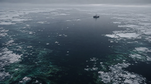 Oceano Artico visto dall’alto, con acqua scura, ghiaccio marino frammentato, tracce verdi di plancton e una nave da ricerca isolata nel mare freddo.