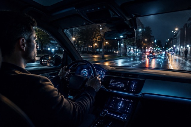 Auto moderna di sera con sistemi ADAS attivi, conducente al volante e strada urbana bagnata illuminata dai fari, tra sicurezza, tecnologia e guida assistita.