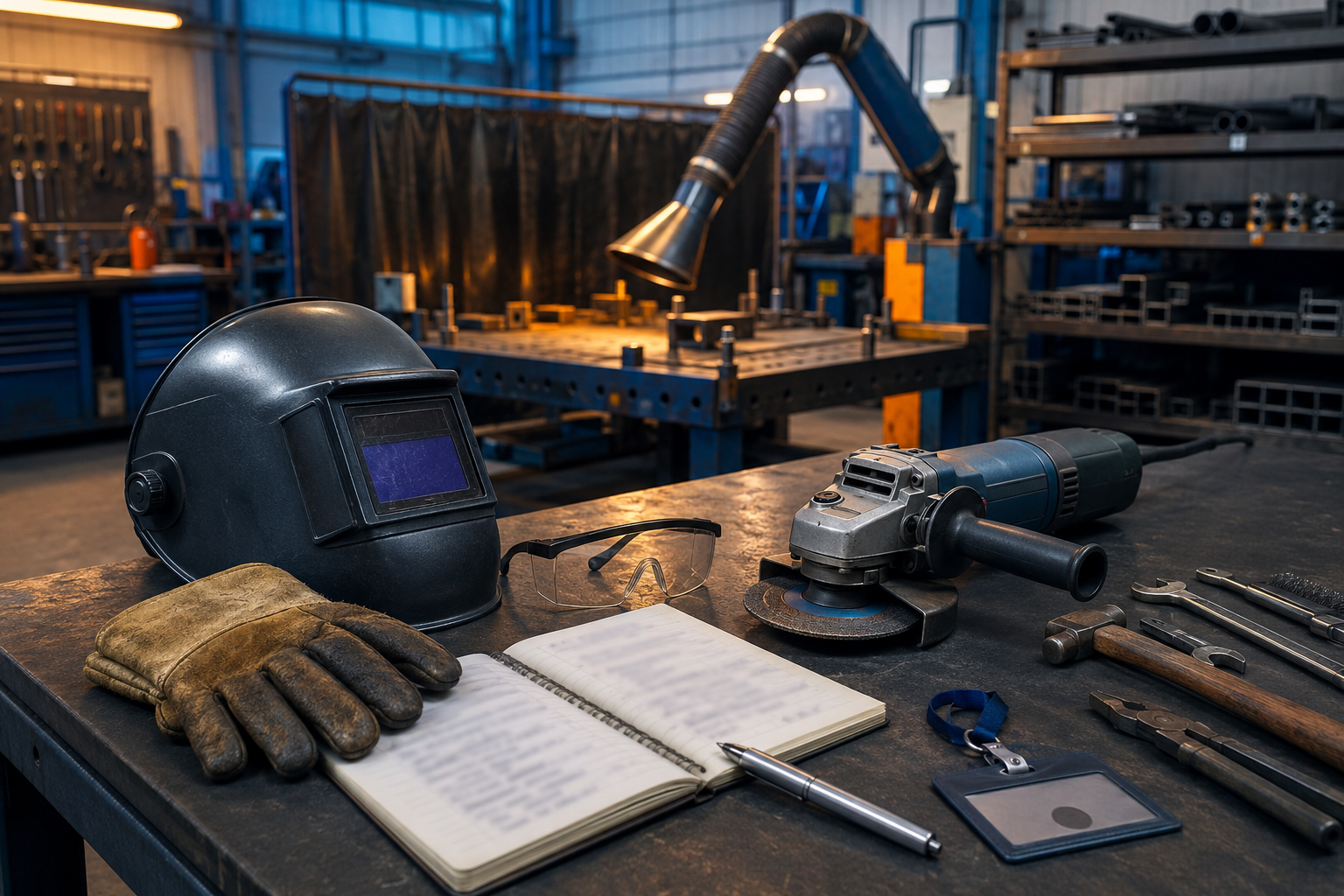 Banco di officina con DPI, flessibile spento, maschera da saldatura, guanti, quaderno segnalazioni e strumenti ordinati, in luce blu acciaio e arancio industriale.