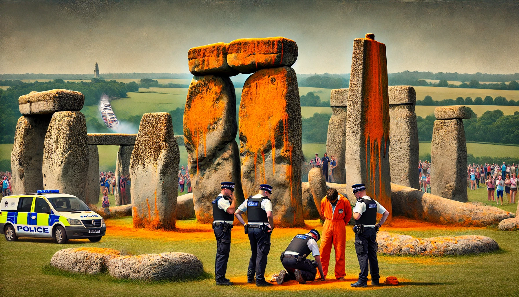 Un'immagine di Stonehenge, con alcune delle pietre antiche coperte di vernice arancione