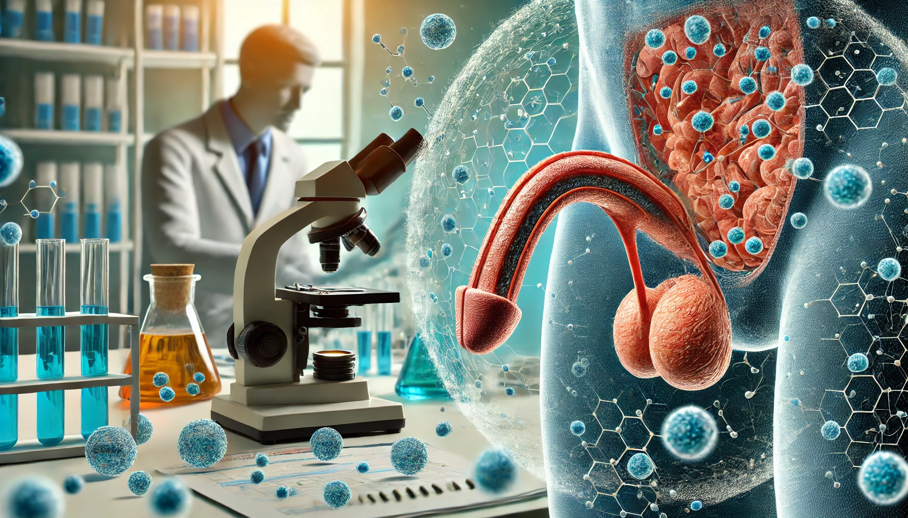 organi sessuali maschili con particelle di microplastica evidenziate