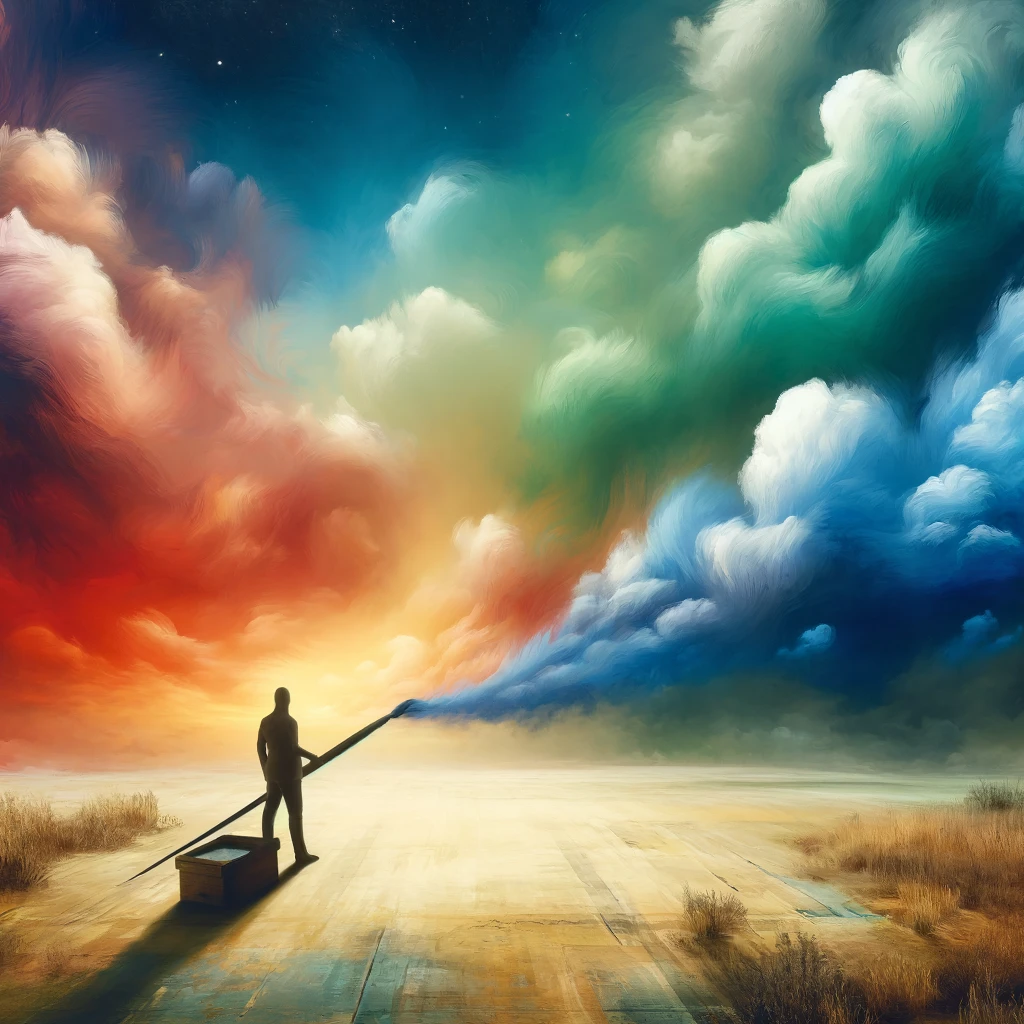Una rappresentazione simbolica ed emotiva di una persona come pittore di sogni in un mondo dipinto con i colori della speranza e dell'attesa.