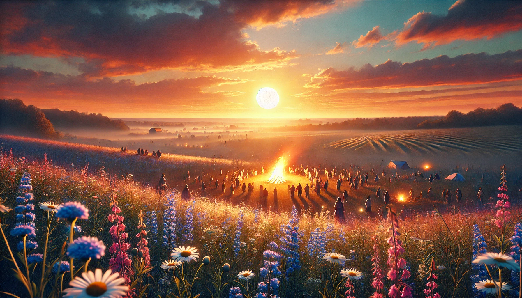 Un paesaggio estivo all'alba, con il Sole che sorge all'orizzonte