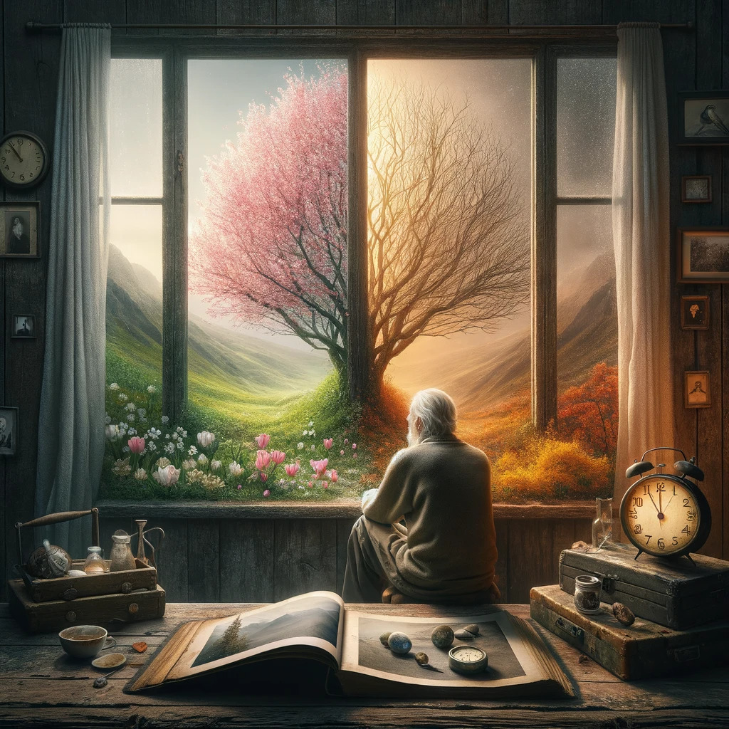 da un lato, un albero in fiore, simbolo di vita e rigenerazione, dall'altro, lo stesso albero ma spoglio, che rappresenta il passare del tempo